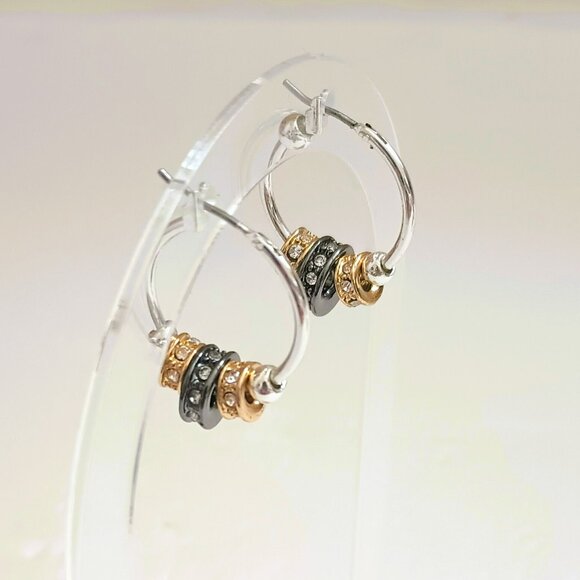 Nine West Tri Tone Hoop Earrings Slider Beads with Rhinestones - Picture 2 of 9